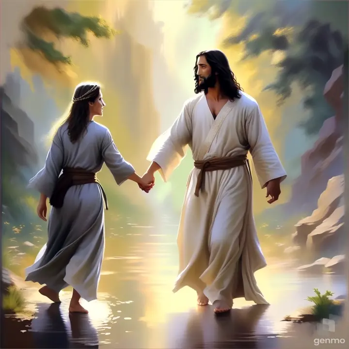 a painting of jesus and a woman holding hands