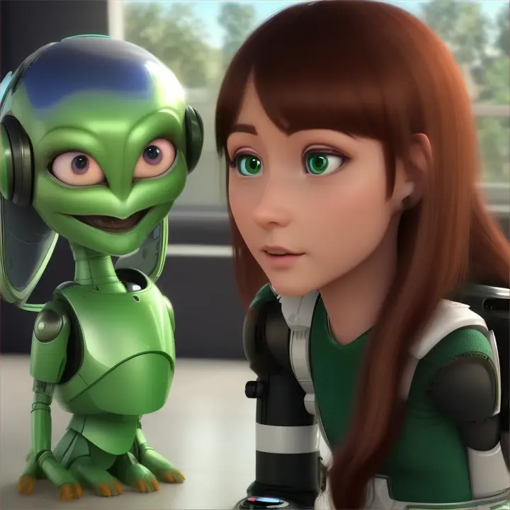 Make a realistic video: a realistic green Duolingo talking to a cute alien in an alien language and real girl and dog and bot 