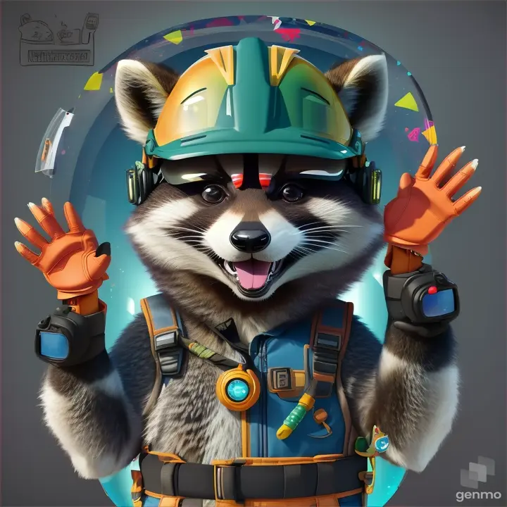 A raccoon in personal protective equipment with helmet waving cartoon no background or transparent background