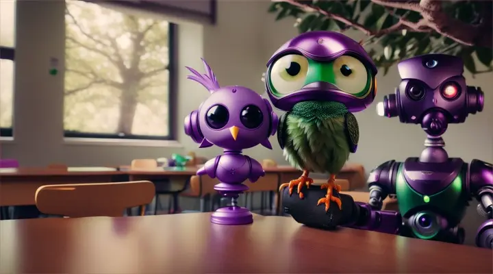 Make a realistic video: a realistic green Duolingo talking to a cute alien in an alien language and real girl and dog and bot in a regular school