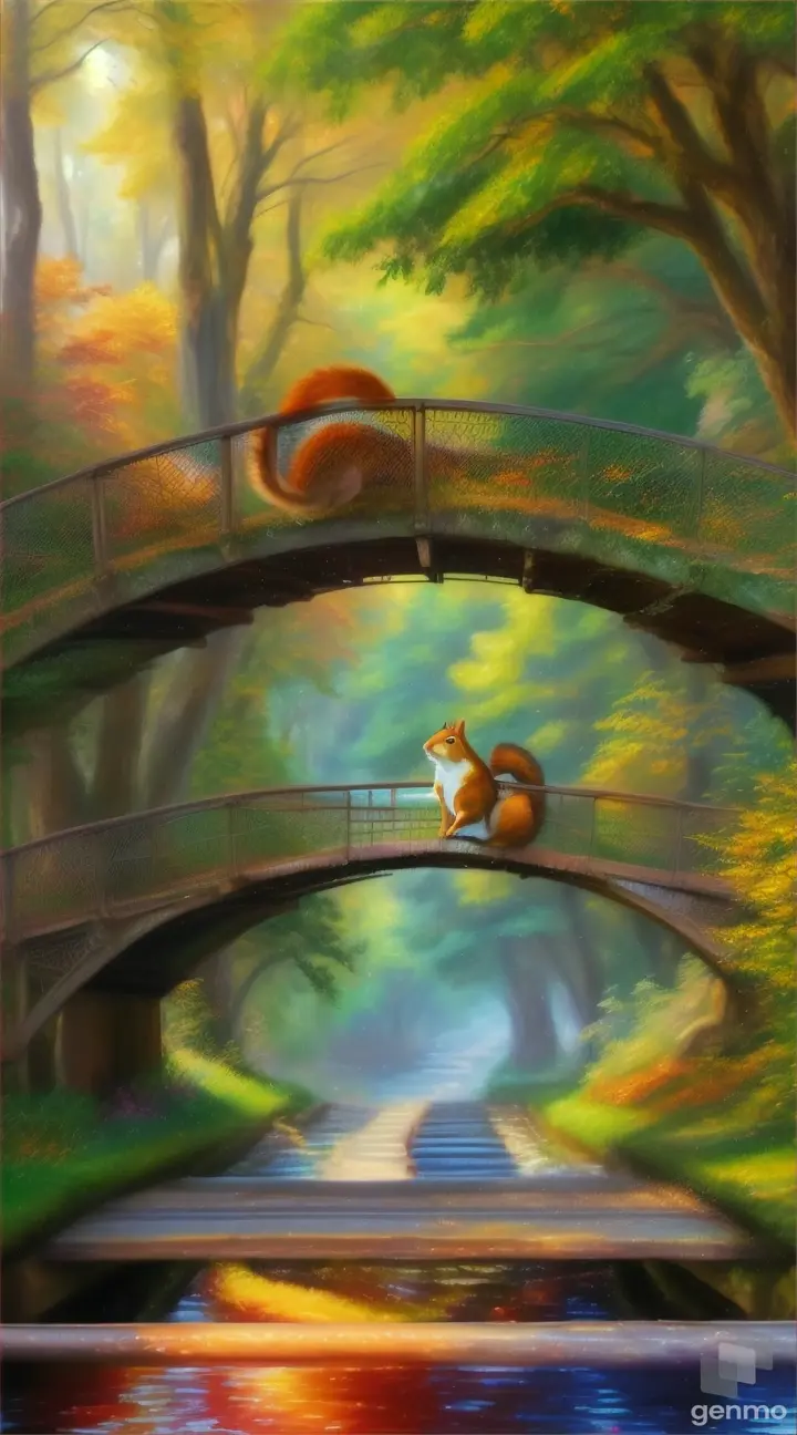 Squirrel Interaction: An artistic depiction of squirrels interacting with the bridge, either crossing it safely or exploring its structure out of curiosity.