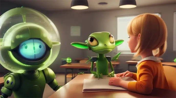 Make a realistic video: a realistic green Duolingo talking to a cute alien in an alien language and real girl and dog and bot in a regular school