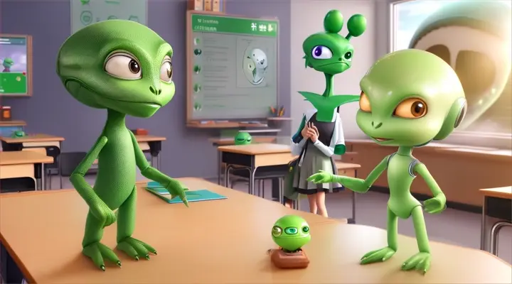 Make a realistic video: a realistic green Duolingo talking to a cute alien in an alien language and real girl in a regular school