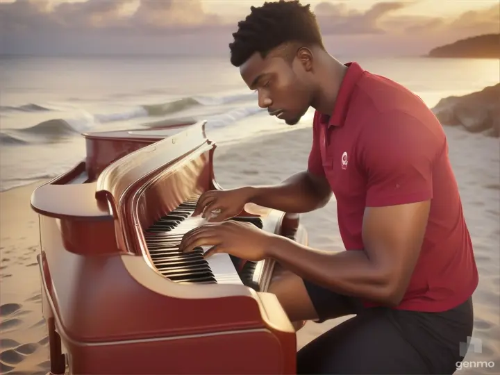 hombre de piel negra con trenzas con camisa roja con texto en la camisa OLYMPUS tocando el piano en la playa 