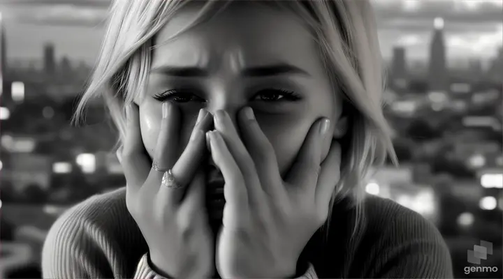 A girl with short blonde hair is crying, covering her face with her hands, 16:9