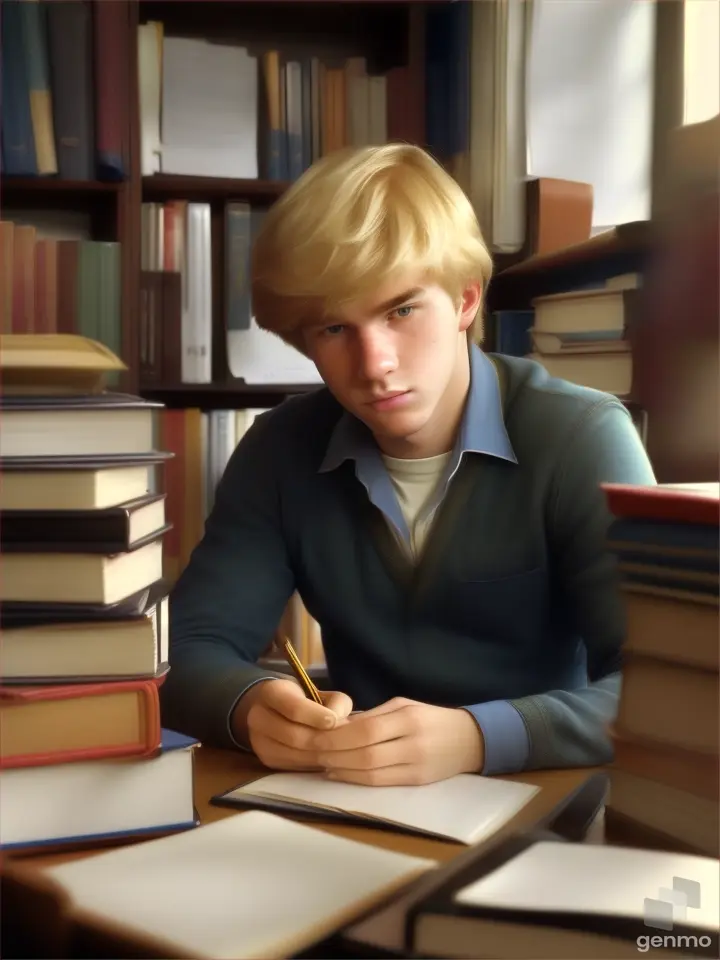 blond student young man studying, frustrated 