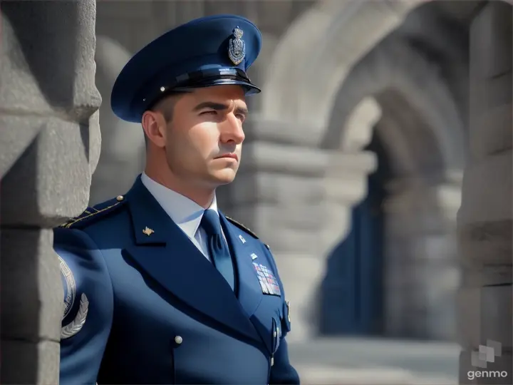 a man in a blue uniform standing in front of a building
