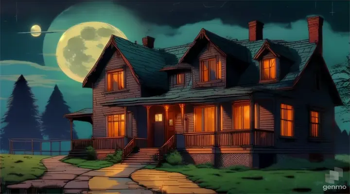 a creepy house with a full moon in the background