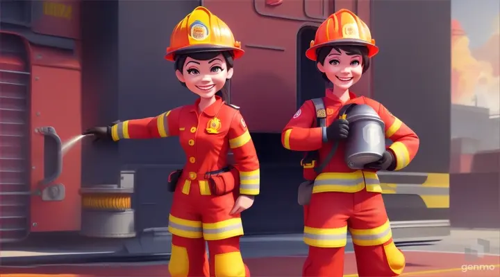  Minimalist illustration of a full body smiling WOMEN, fire station, style Pixar, 3d, utrarealistic