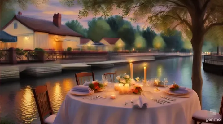 The scene shifts to a romantic dinner set up by the river, the candles flickering in the gentle breeze