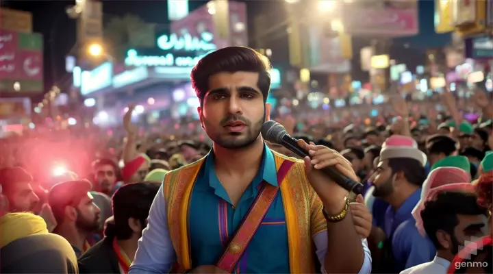 a Pakistani beautiful man singing inside street with full view