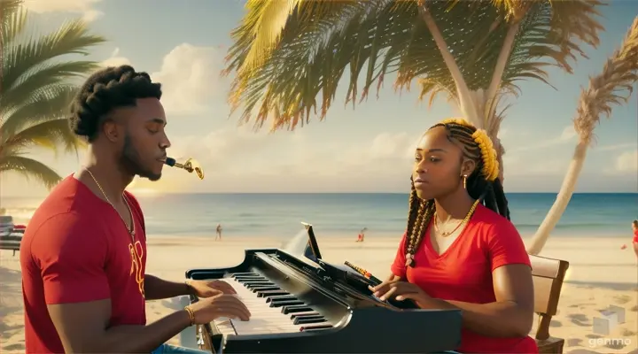 HOMBRE NEGRO CON TRENZAS TOCANDO EL PIANO EN LA PLAYA CON UNA CAMISETA ROJA Y LETRERO QUE DICE OLYMPUS EN SU CAMISETA, HOMBRE CON UN SAXOFON Y UNA MUJER RUBIA