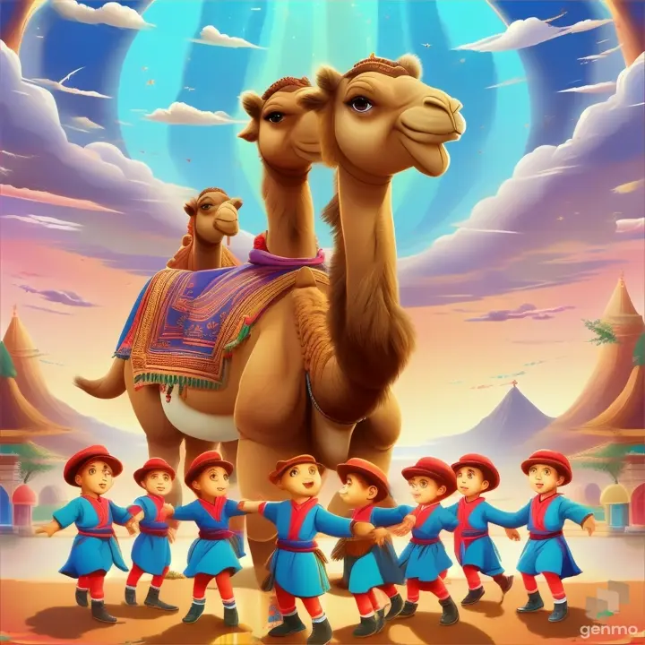 a group of children dancing around a camel