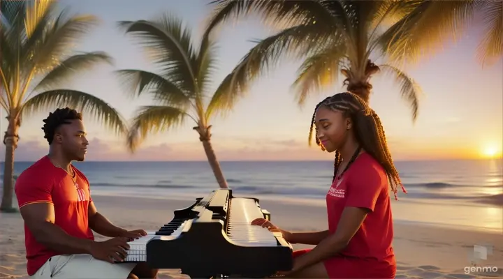 HOMBRE NEGRO CON TRENZAS TOCANDO EL PIANO EN LA PLAYA CON UNA CAMISETA ROJA Y LETRERO QUE DICE OLYMPUS EN SU CAMISETA, SEGUNDO HOMBRE CON UN SAXOFON EN LA MANO Y UNA MUJER BLANCA RUBIA