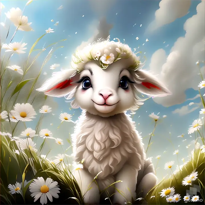 a little lamb sitting in a field of daisies