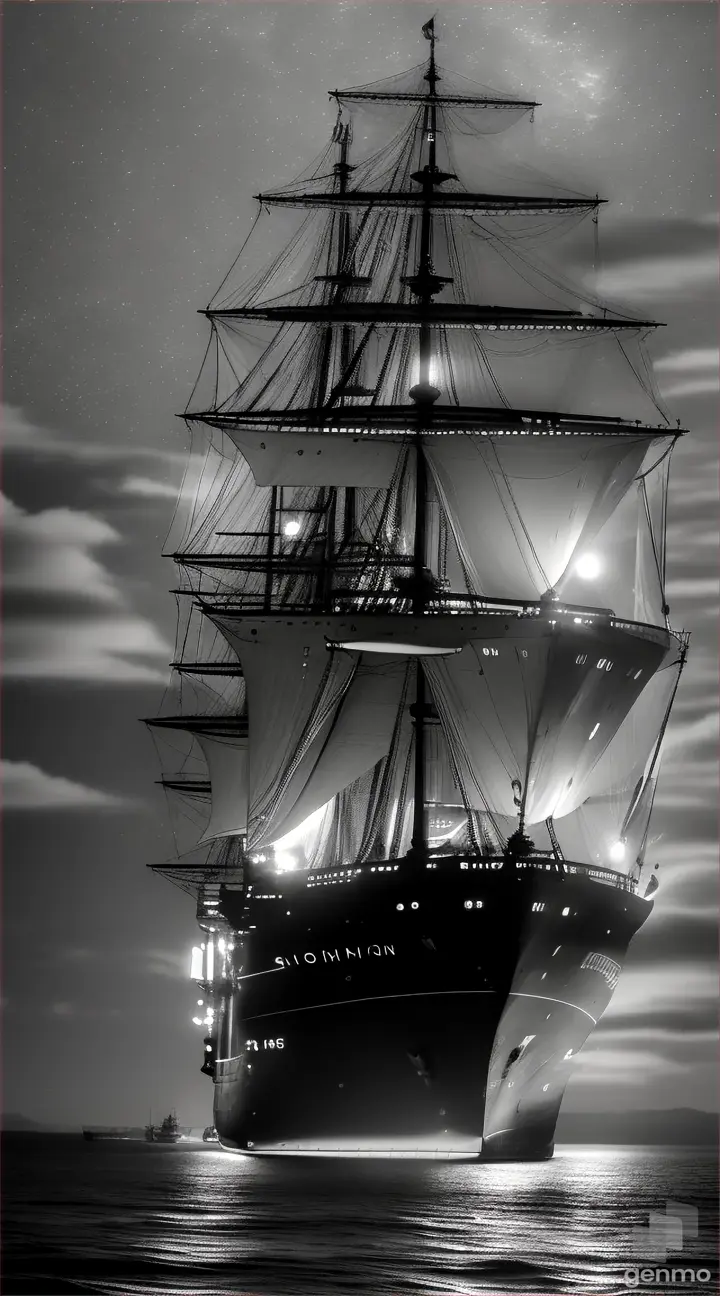 Huge ship sailing in the moonlight 