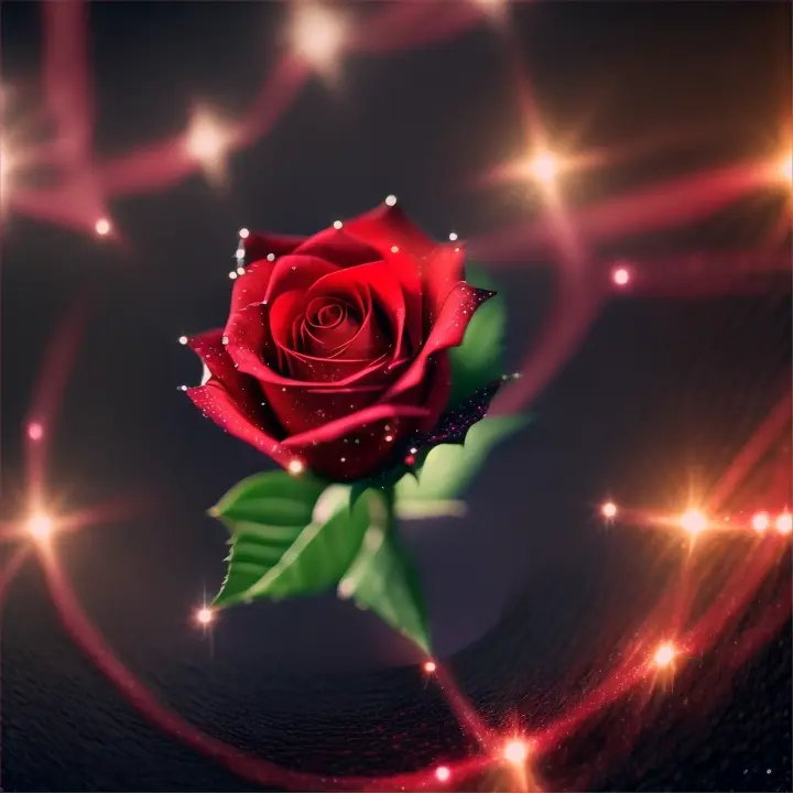 A glowing rotating red rose from bud to full splendor with glitter formed entirely from illuminated stars which is cutout on a really dark black background 