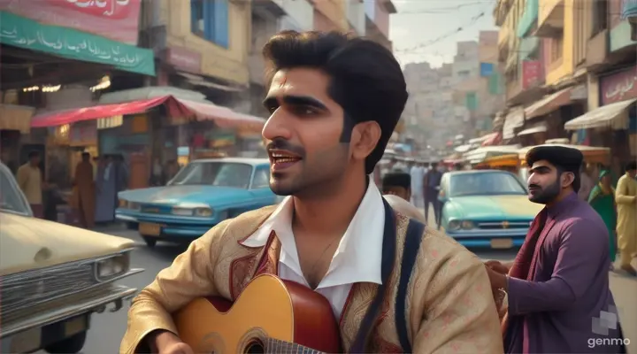 a Pakistani beautiful man singing inside street with full view