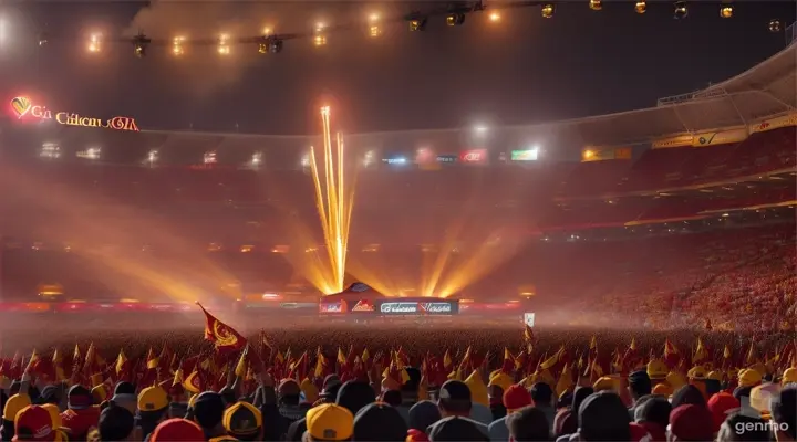 A crowd of RCB fans holding up lit flares with a golden-hued sky and a massive RCB logo in the background, radiating energy