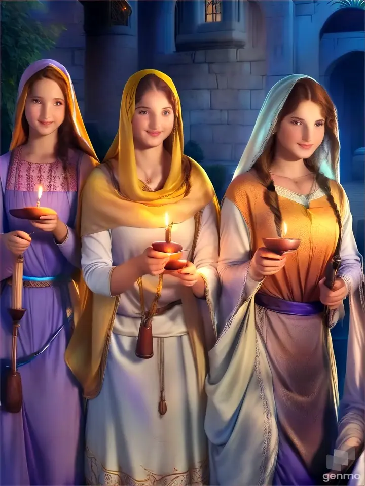 three women dressed in biblical clothing holding candles