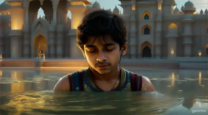   Introduce Vikram as a curious and adventurous boy.- Vikram gathers water from the pond and pours it as per the instructions.
   - The water begins to glow and forms into a majestic palace rising from the ground.
   - Showcase the grandeur of the palace and the awe on Vikram's face.