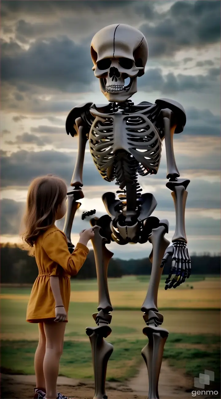 a little girl standing in front of a skeleton