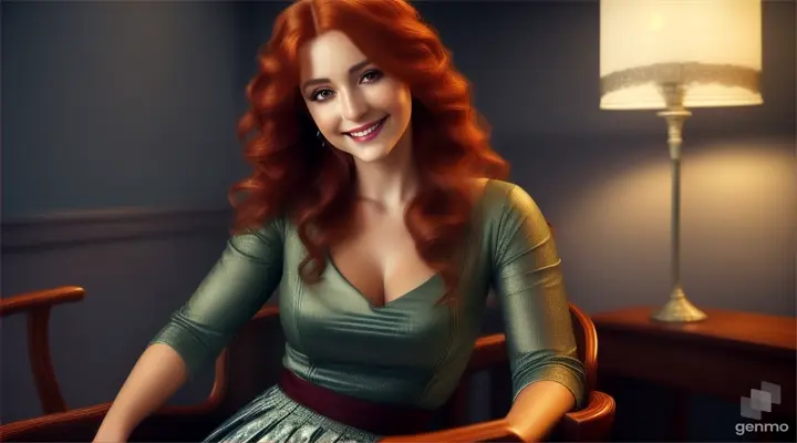 HDR photo of woman, spiral curls, long auburn hair, (freckles:0.6) , beautiful low cut blouse, long skirt, sitting on a chair in a dark room, amazing smile, perfect eyes . High dynamic range, vivid, rich details, clear shadows and highlights, realistic, intense, enhanced contrast, highly detailed