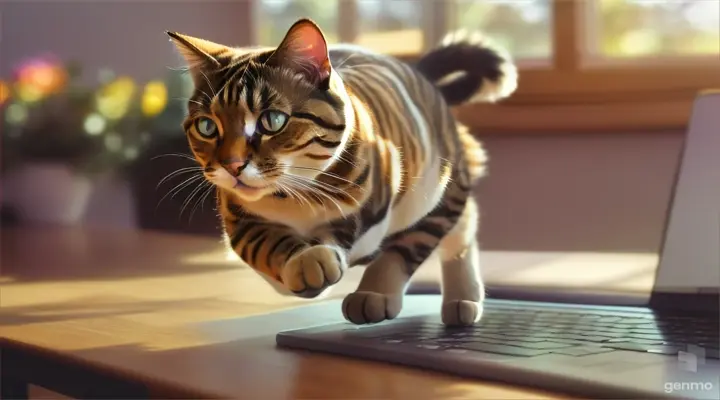 A cat running across a laptop keyboard on a wooden desk