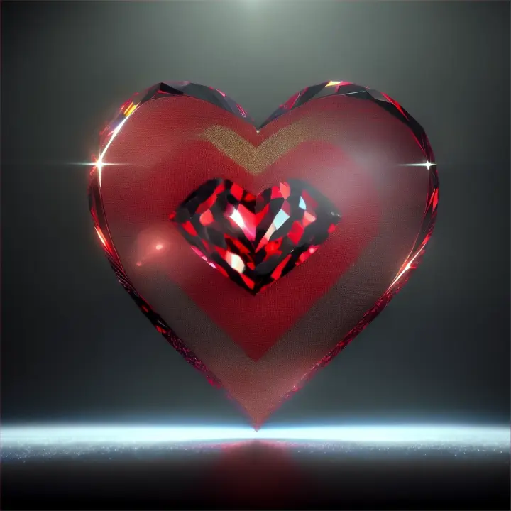 create a pulsing rotating red heart made of diamonds on a dark isolated black background without shadow