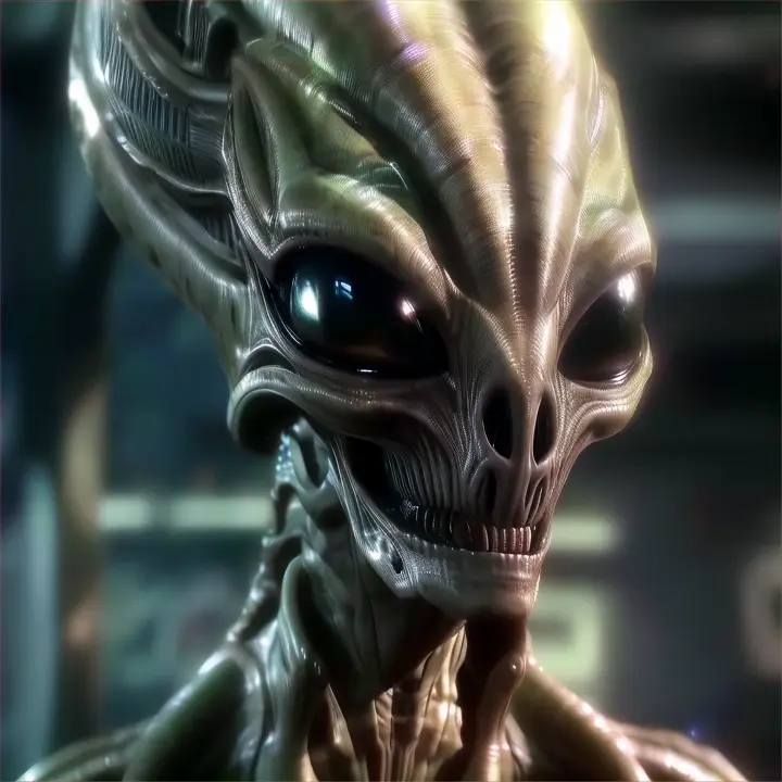 an alien with big eyes talking turns its head and looks at you  8k realistic looks real mean and vicious 