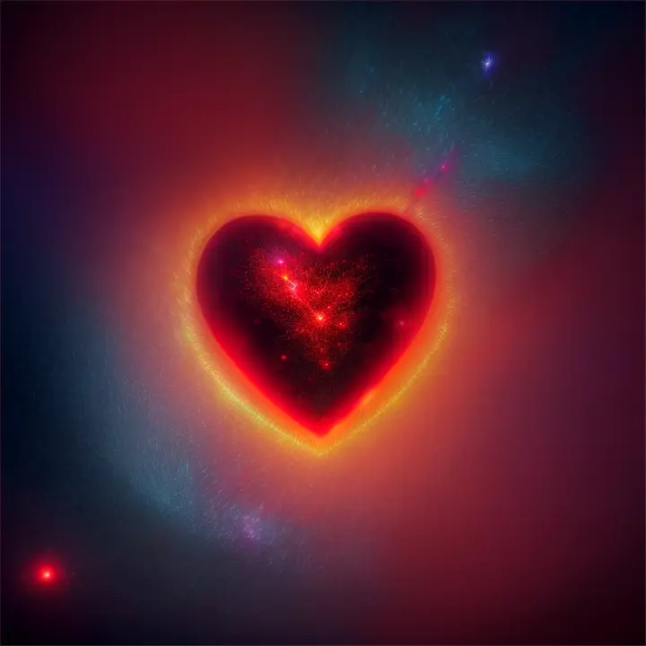 A heart made of pulsing red particles, set against a galactic backdrop of stars and nebulas