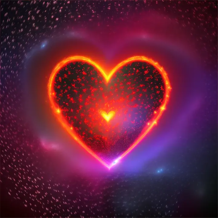 A heart made of pulsing red particles, set against a galactic backdrop of stars and nebulas