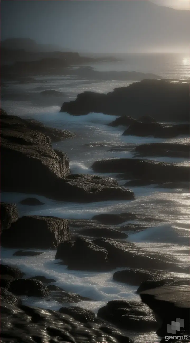 Giant chain stretching across a rocky bay at night 