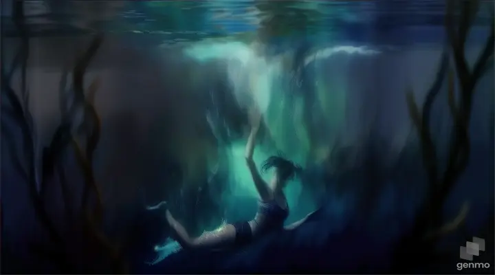 a painting of a woman swimming under water