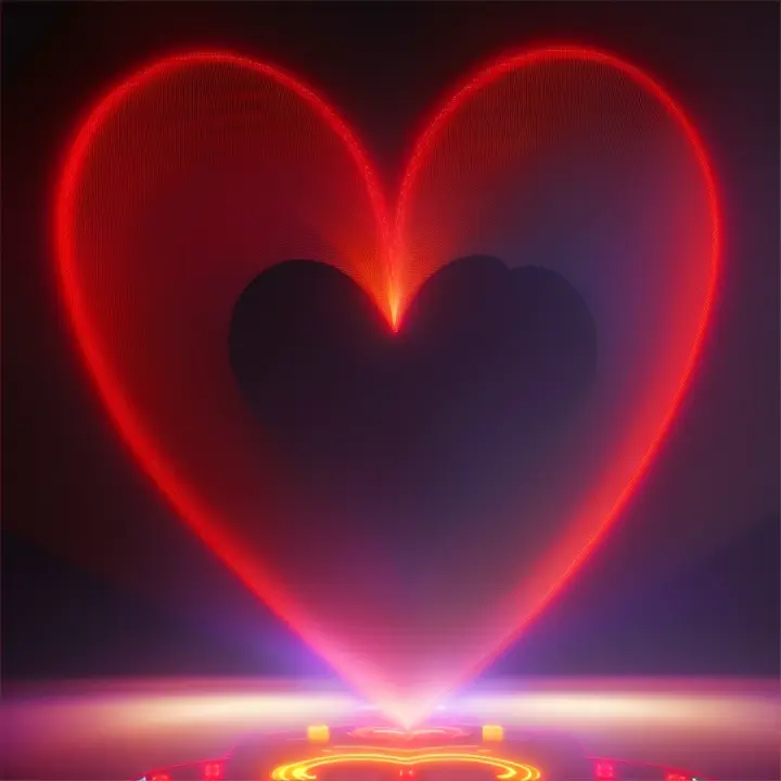 A heart made of pulsing red leds, set against a black background of stars 