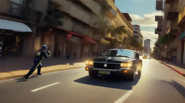 police man 35 year old black man, with his back to the camera, running to his car, Brazil, realistic