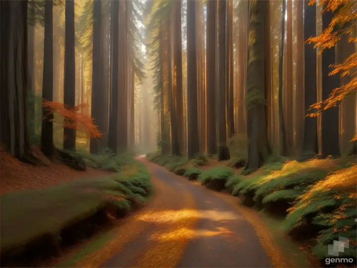 a pathway in between a red tree tree forest