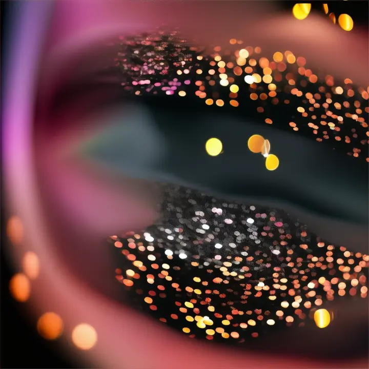 coutout kissing lips without face consisting of sequins set against a black background