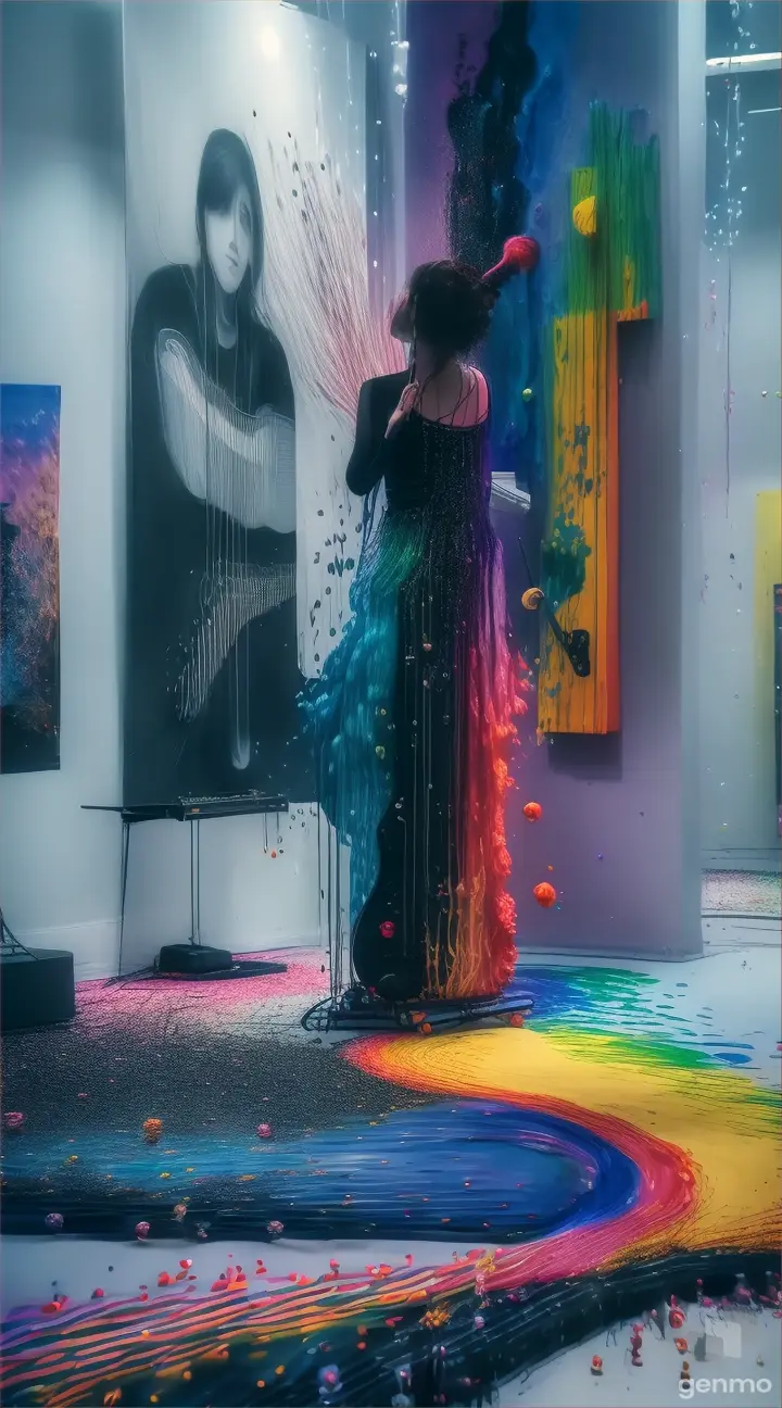 An art poster for a music festival with music notes coming out of her mouth, a microphone, synthesizer, a trumpet, a guitar, a drum-set, all the bands instruments and speakers are showed exploding out the paint, instruments & music coming from the acrylic paint, HD 32K masterpiece