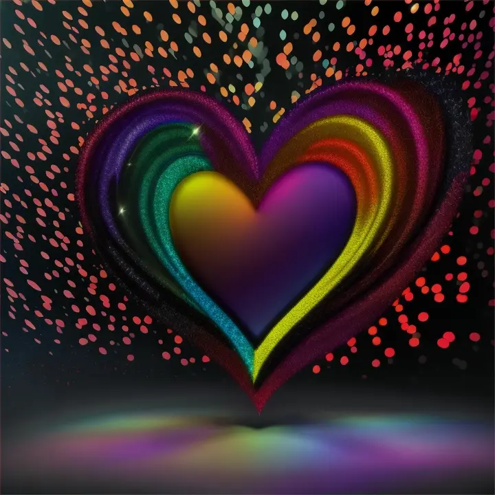 create an exploding heart of sequins on a black dark background