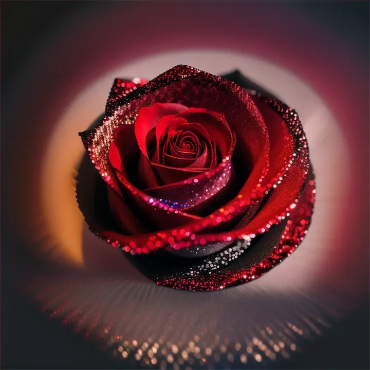 create an exploding red rose of sequins on a black dark background