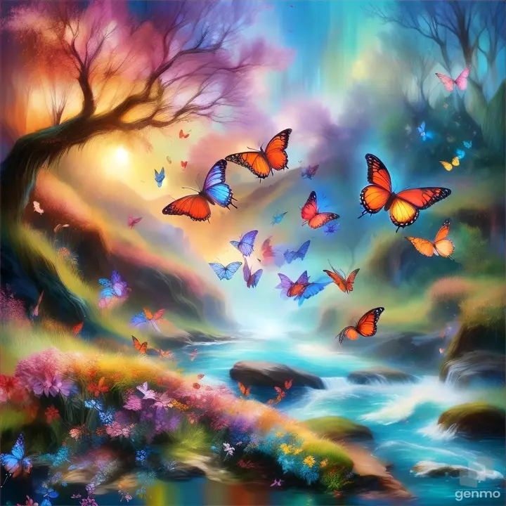 a painting of butterflies flying over a river