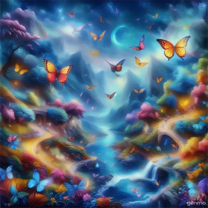 a painting of butterflies flying over a river