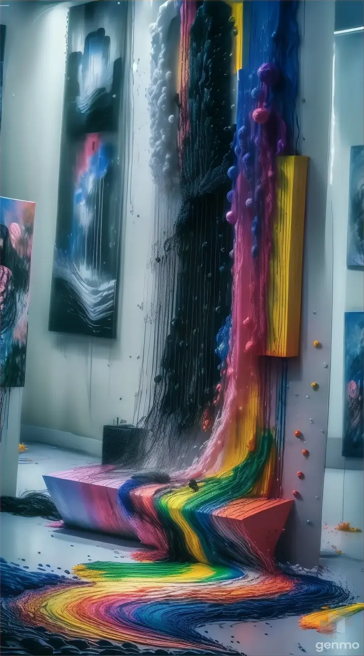An art poster for a music festival with music notes coming out of her mouth, a microphone, synthesizer, a trumpet, a guitar, a drum-set, all the bands instruments and speakers are showed exploding out the paint, instruments & music coming from the acrylic paint, HD 32K masterpiece