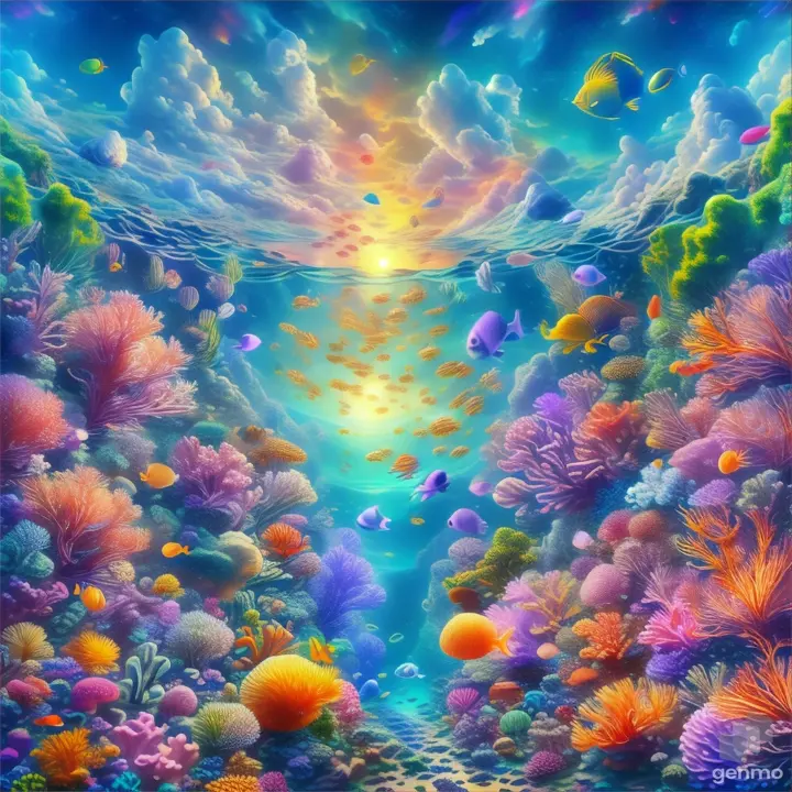 a painting of an underwater scene with fish and corals