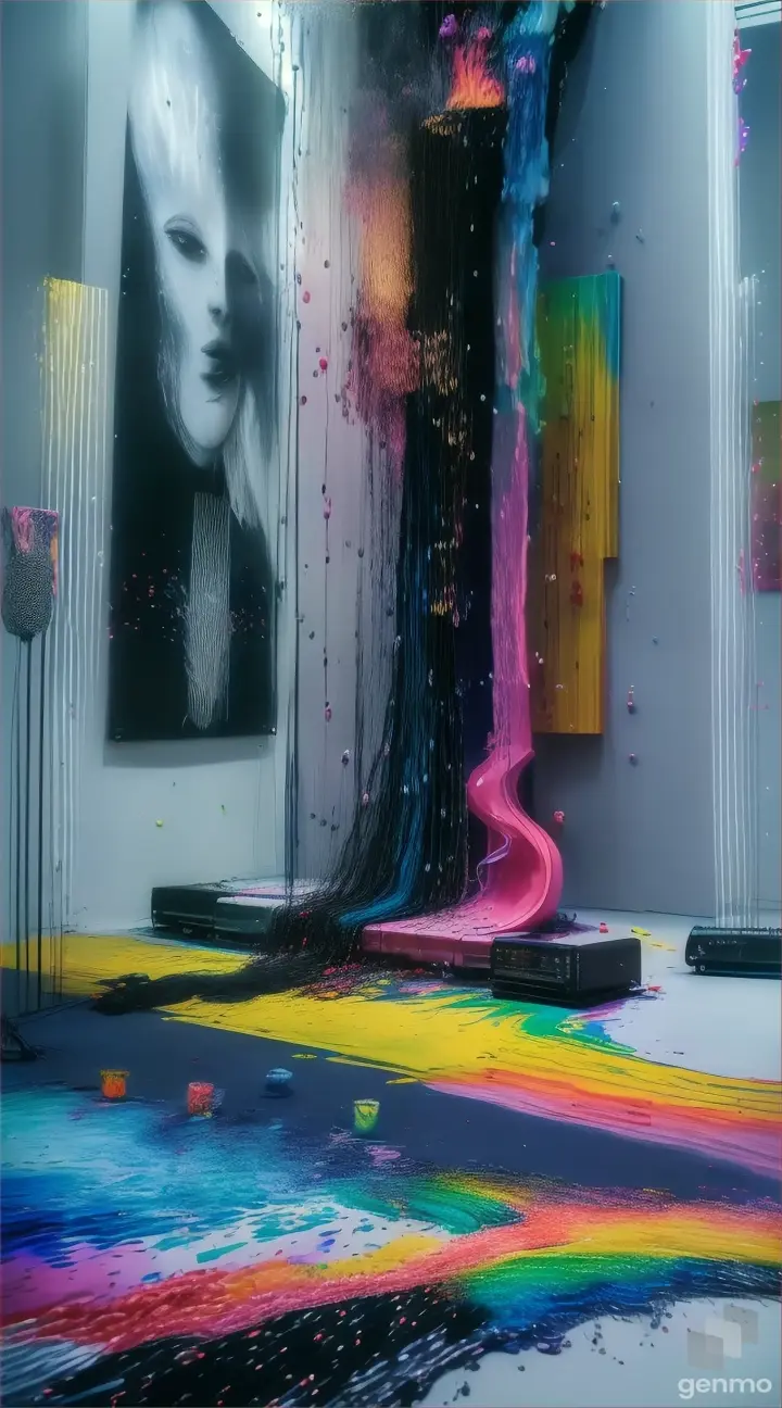 An art poster for a music festival with music notes coming out of her mouth, a microphone, synthesizer, a trumpet, a guitar, a drum-set, all the bands instruments and speakers are showed exploding out the paint, instruments & music coming from the acrylic paint, HD 32K masterpiece
