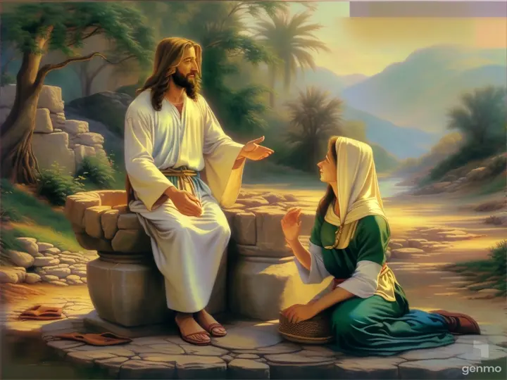a painting of jesus talking to a woman
