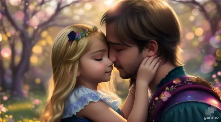 A little girl with short blond hair hugs a man with black hair in a magical world, 16:9