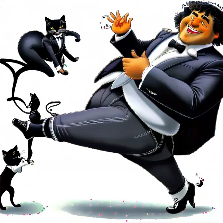 a man in a tuxedo is dancing with a cat in complete joy and jubilation