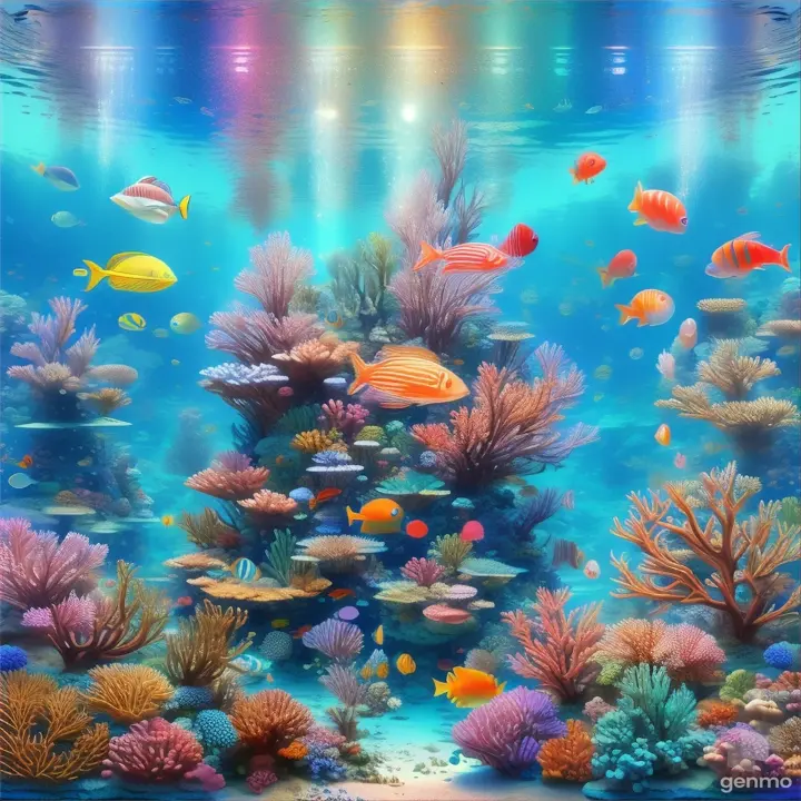 an underwater scene with many colorful fish and corals